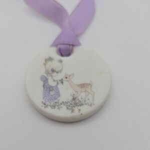 Vintage Precious Moments Mini Ornament Pendant – Girl & Fawn (1989)
